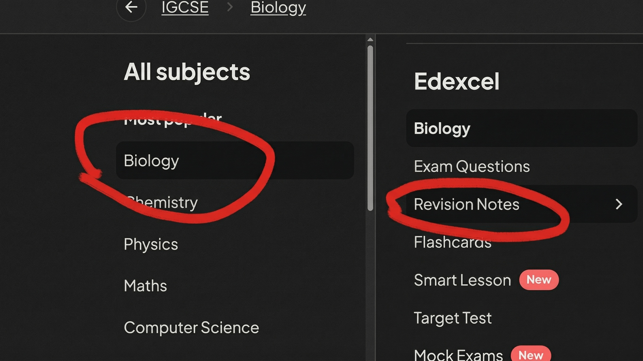 Save My Exams path showing IGCSE, Biology, Edexcel and Revision Notes.