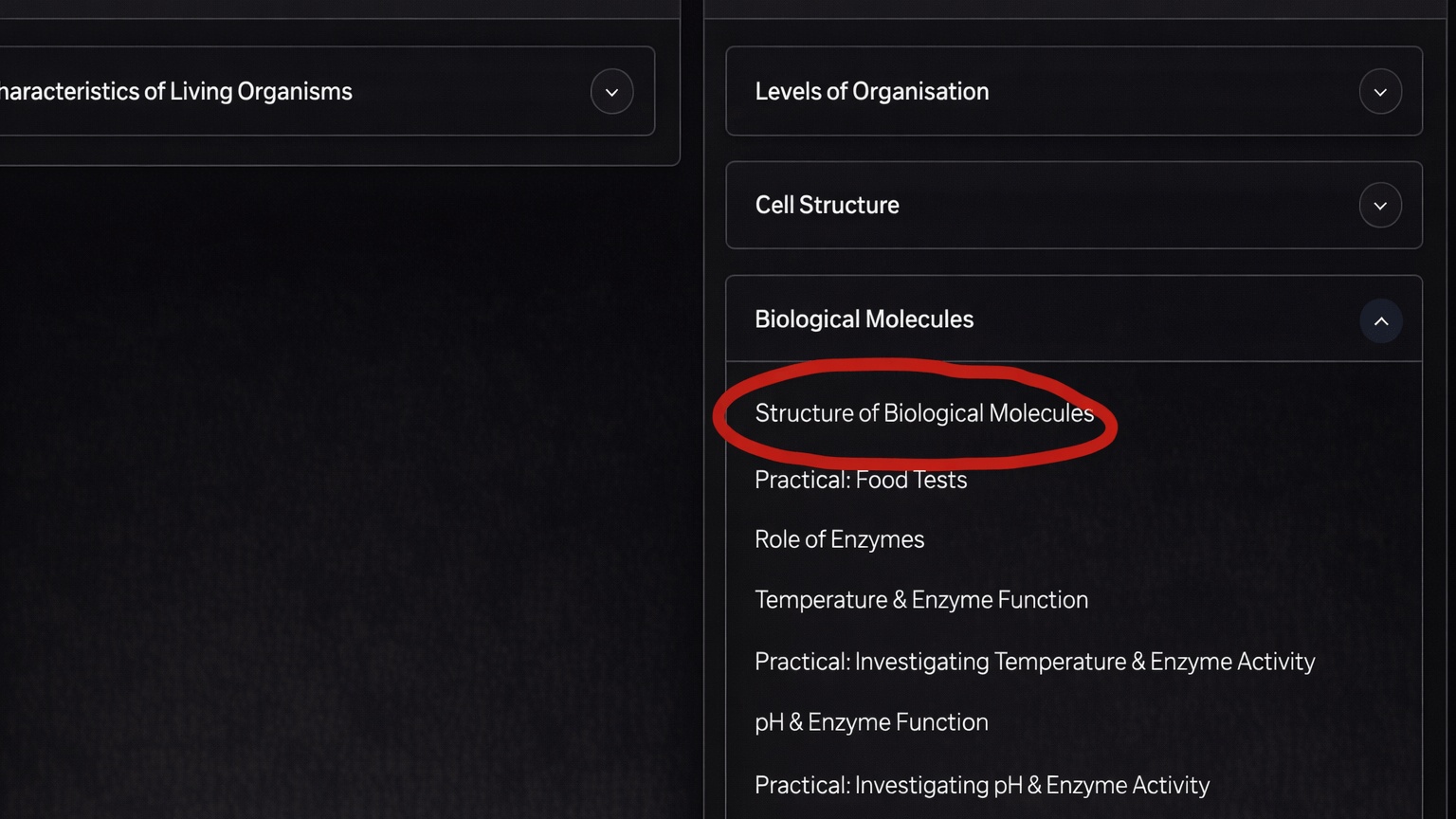Save My Exams topic list with Structure of Biological Molecules highlighted.