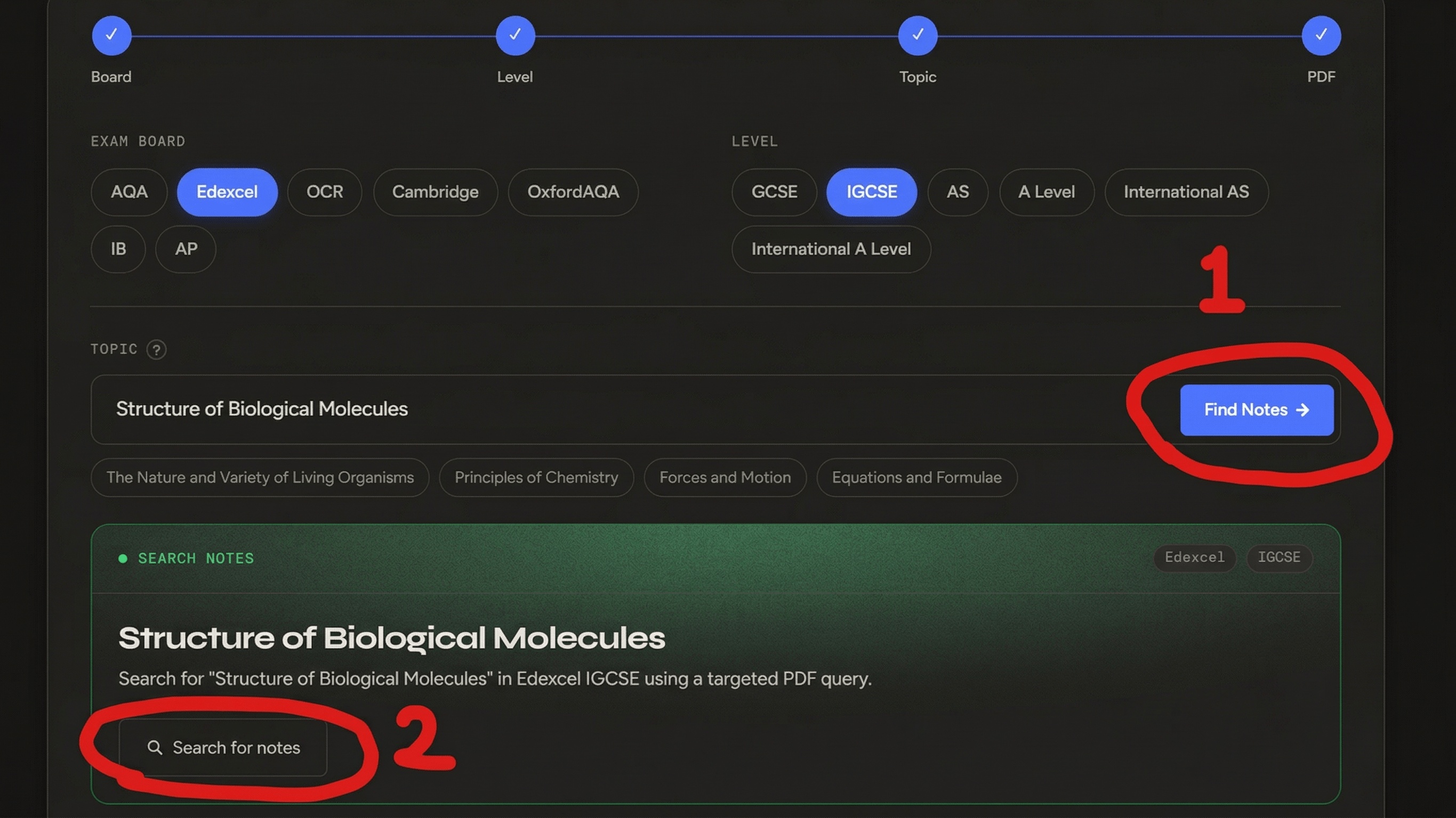 SME Searcher with Edexcel, IGCSE, Structure of Biological Molecules, and the Find Notes button highlighted.