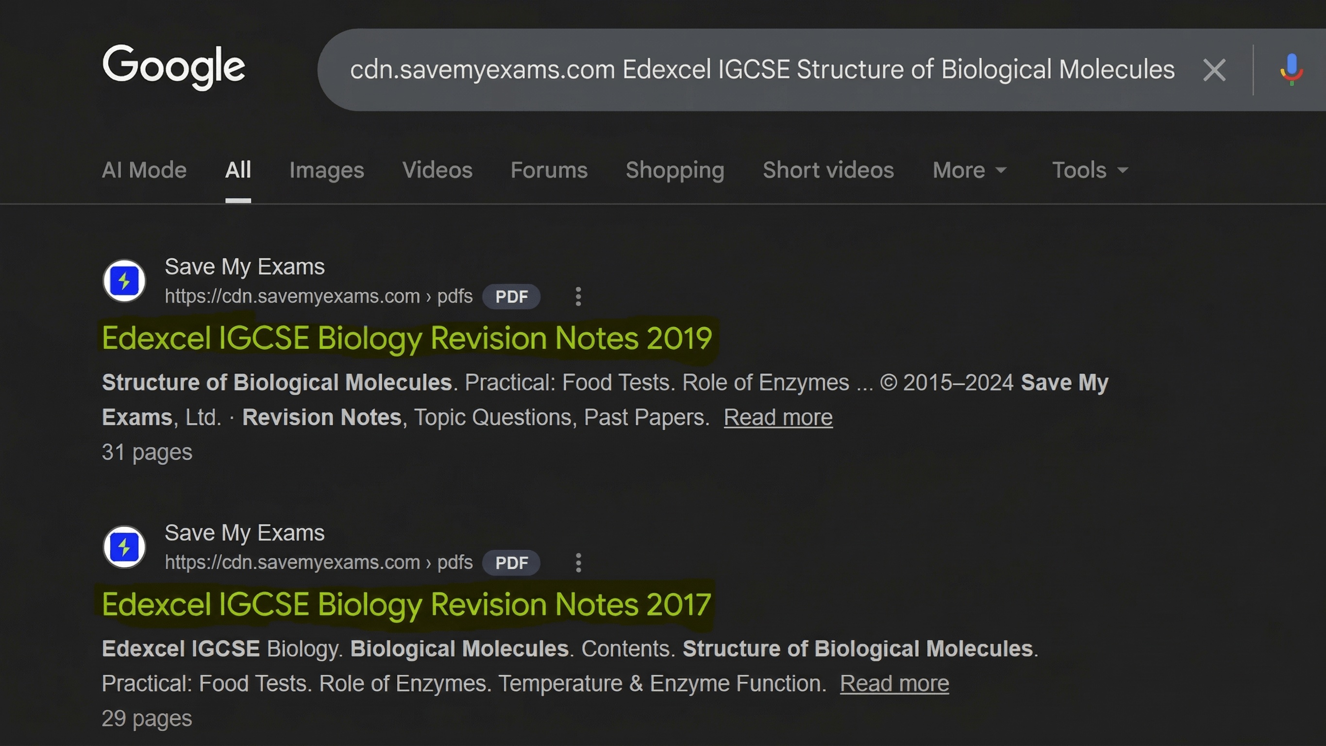Google results page showing targeted Save My Exams PDF results for Structure of Biological Molecules.